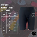 Size chart for Women’s Dry-Fit Hockey Shorts with waist measurements and fit guidelines.