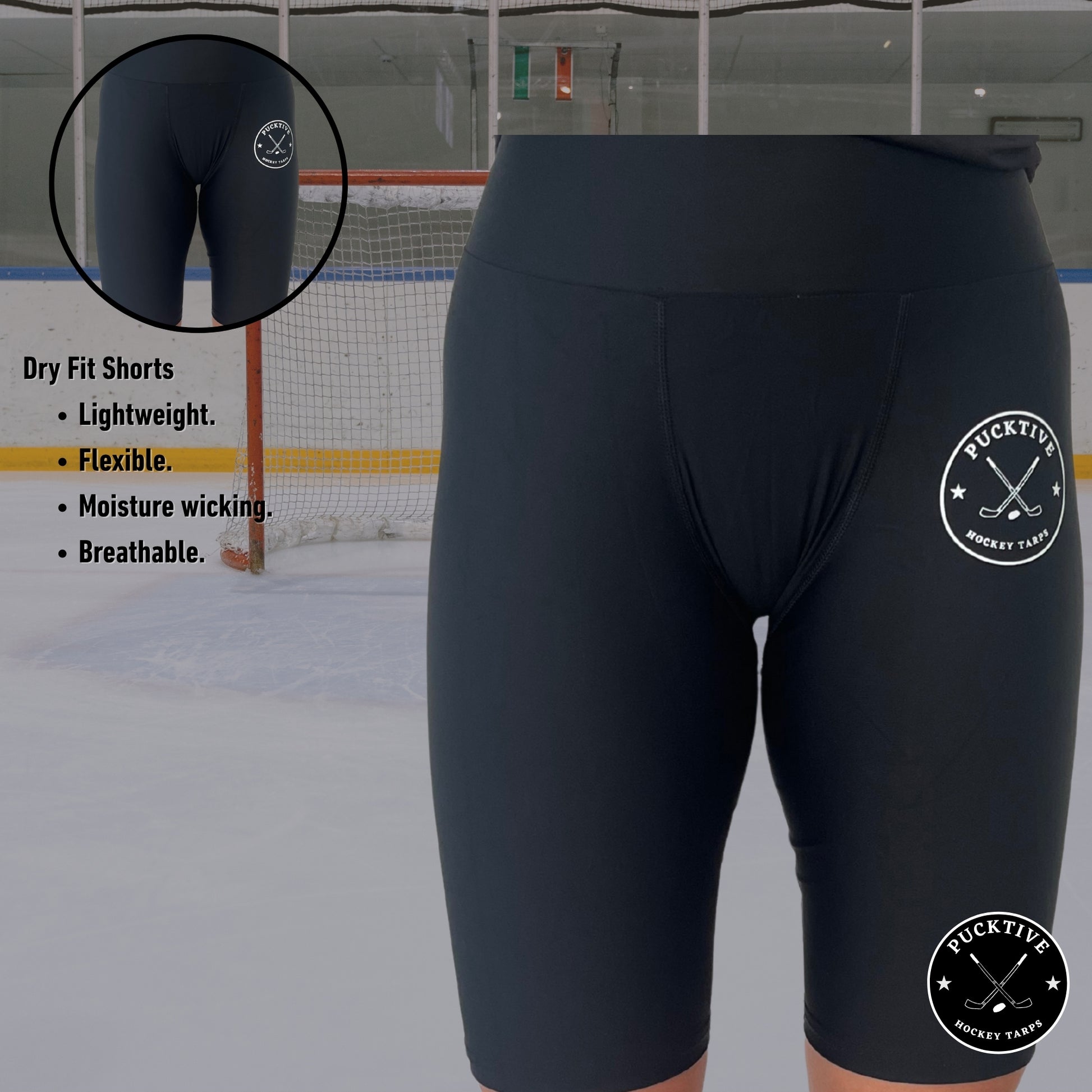Women’s Dry-Fit Hockey Shorts information graphic detailing lightweight design, moisture-wicking fabric, and cup pocket features.