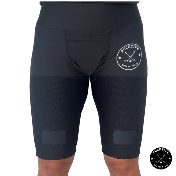 Front view of Women’s Elite A9 cut-resistant hockey jill shorts with built-in cup pocket and Velcro sock tabs.