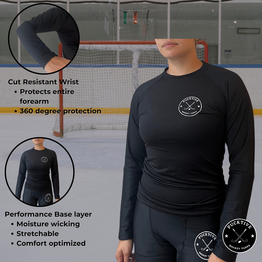 Front view of the Women’s Elite A9 wrist-only cut-resistant long sleeve hockey shirt showing lightweight, breathable design.