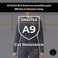 Testing overview of the Women’s Elite A9 cut-resistant wrist hockey shirt demonstrating BNQ and ANSI performance.