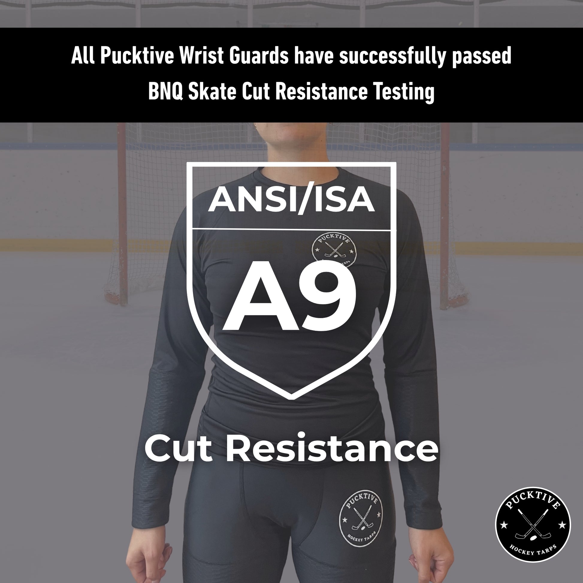 Testing overview of the Women’s Elite A9 cut-resistant wrist hockey shirt demonstrating BNQ and ANSI performance.