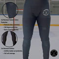 Cut-protection diagram for Women’s Elite A9 goalie jill leggings showing protected zones including groin, thigh, Achilles, and calf.