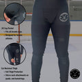 Feature overview of Women’s Elite A9 goalie jill leggings including cut-resistant fabric, moisture-wicking material, four-way stretch, and built-in cup pocket with Velcro sock tabs.