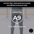 BNQ and ANSI cut-resistance testing information page for Women’s Elite A9 hockey jill leggings.