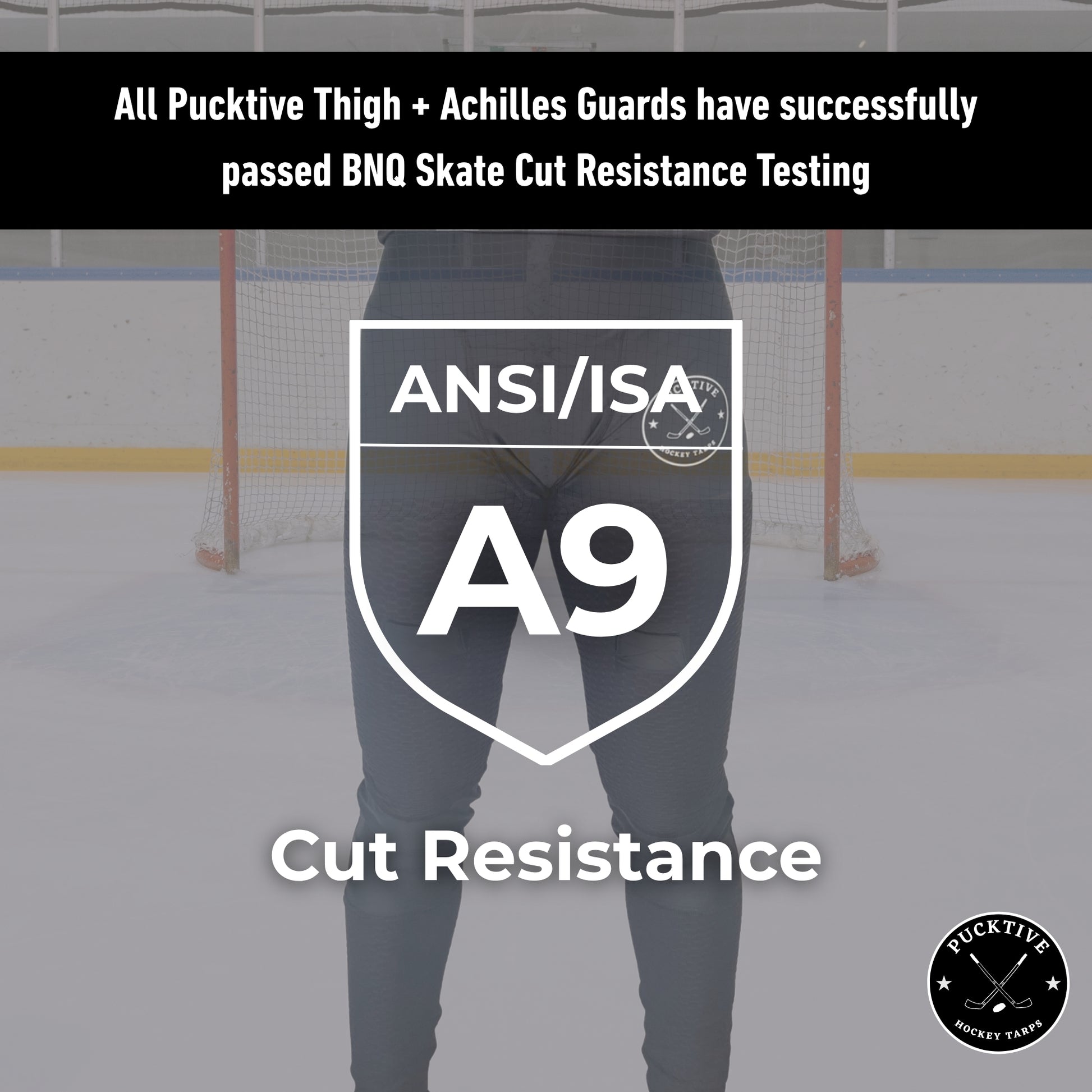 BNQ and ANSI cut-resistance testing information page for Women’s Elite A9 hockey jill leggings.