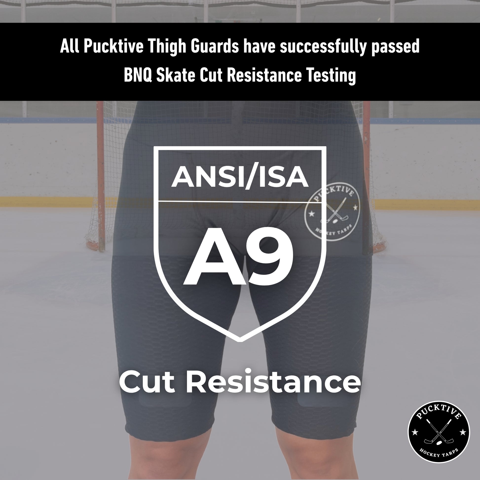 BNQ and ANSI testing overview for Women’s Elite A9 cut-resistant hockey jill shorts showing verified cut-resistance ratings.