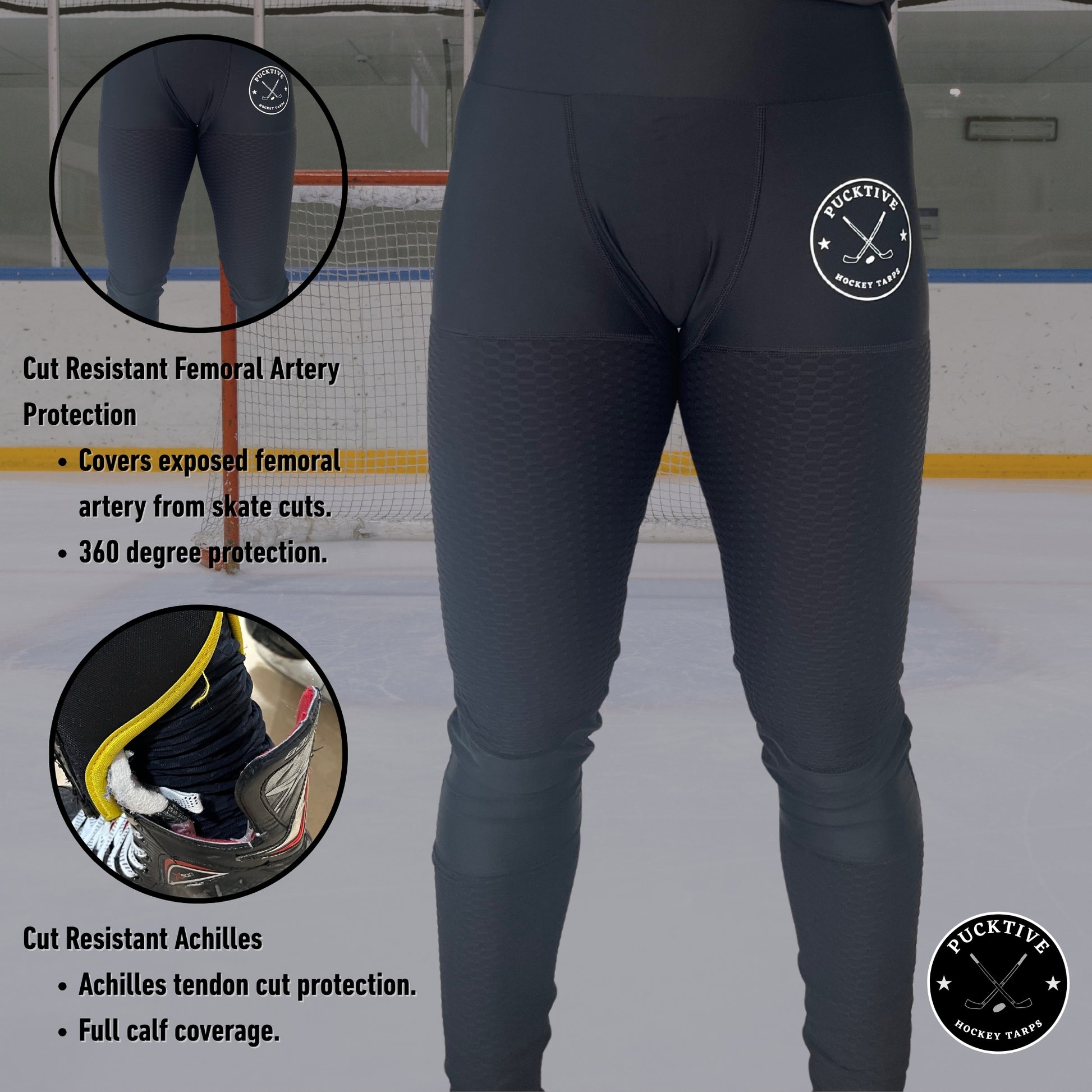Diagram of Women's Elite A9 cut-resistant hockey leggings showing thigh, groin, femoral artery, calf, and Achilles protection zones.
