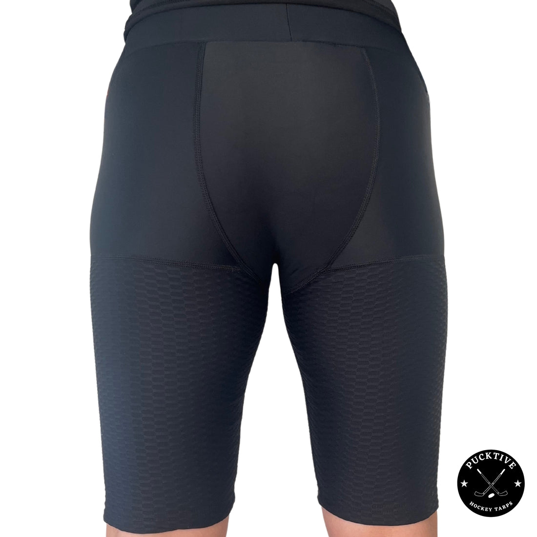 Front view of Women’s Elite A9 cut-resistant hockey jill shorts with built-in cup pocket and Velcro sock tabs.