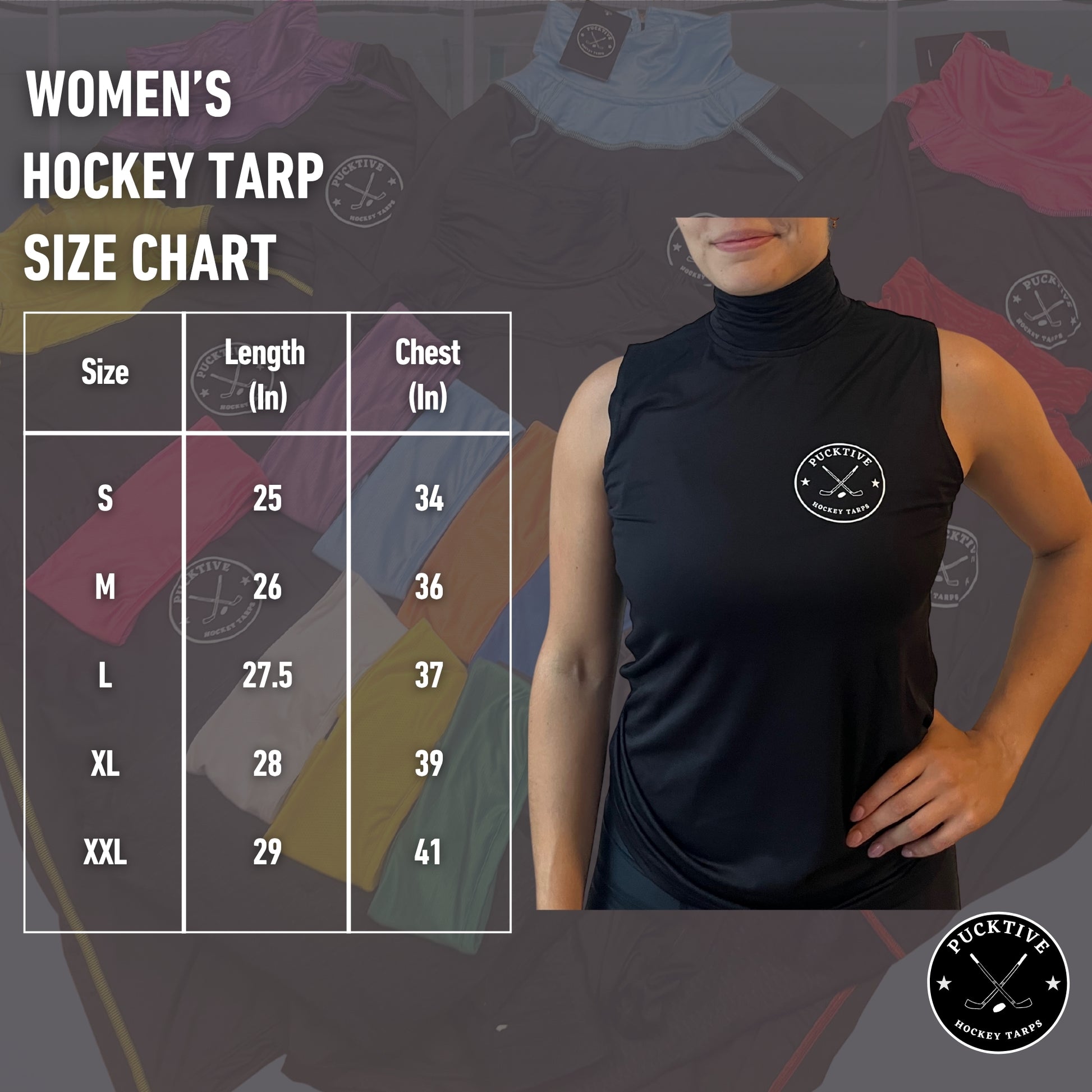 Size chart for Women’s Pro A7 cut-resistant hockey tank top with measurement guide.