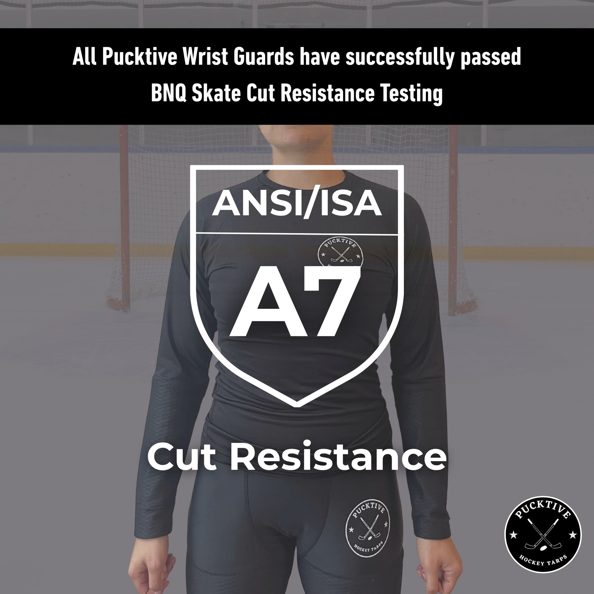 Testing overview of the Women’s Pro A7 cut-resistant wrist hockey shirt demonstrating BNQ and ANSI performance.