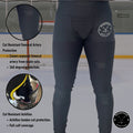 Diagram of Women's Pro A7 cut-resistant hockey jill leggings showing thigh, groin, femoral artery, calf, and Achilles protection zones.