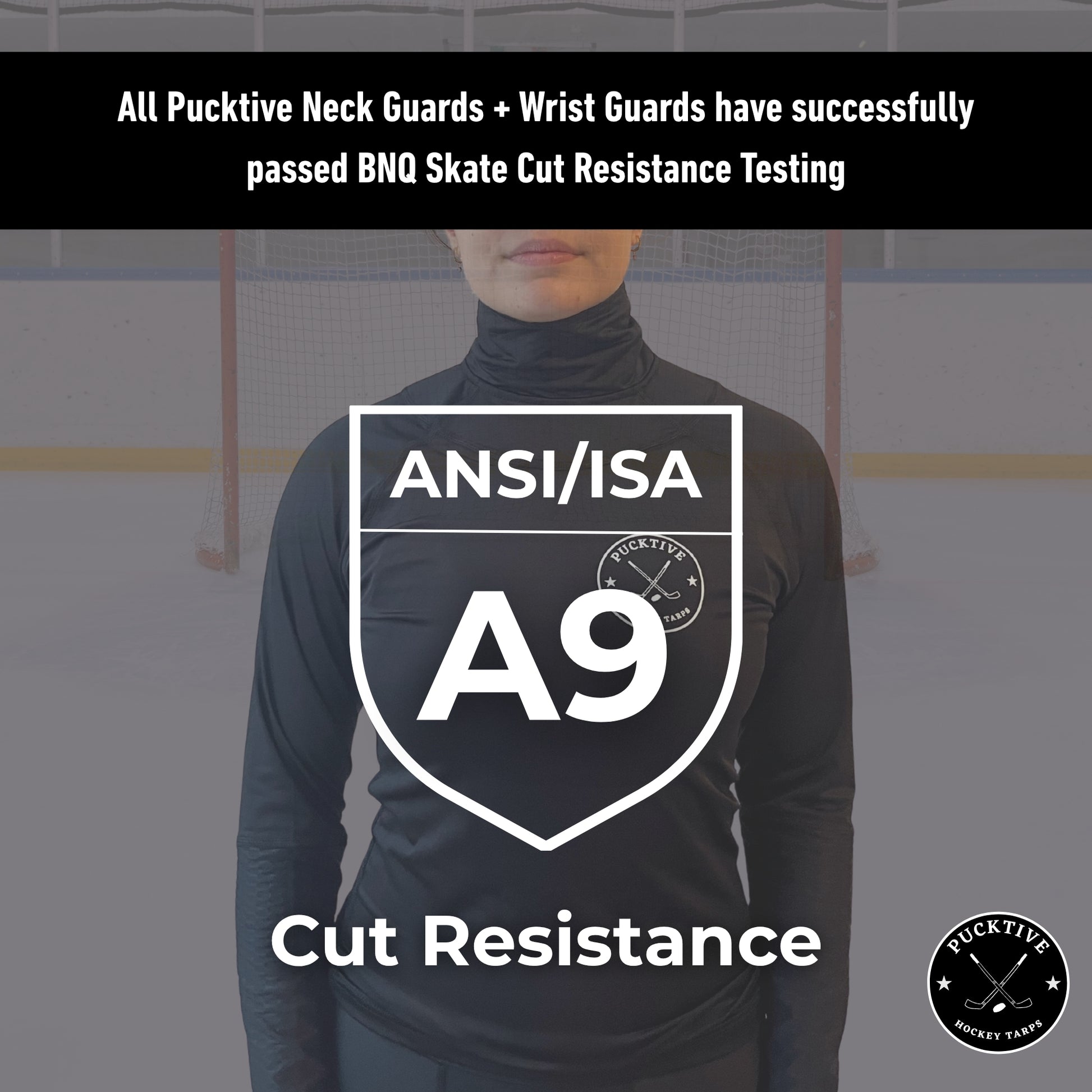 Cut protection diagram explaining ANSI A9 and BNQ-tested cut resistance in Pucktive Elite hockey tarps.