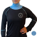 Women’s Elite A9 full hockey tarp in light blue  neck guard design showing BNQ-tested neck and wrist cut protection.