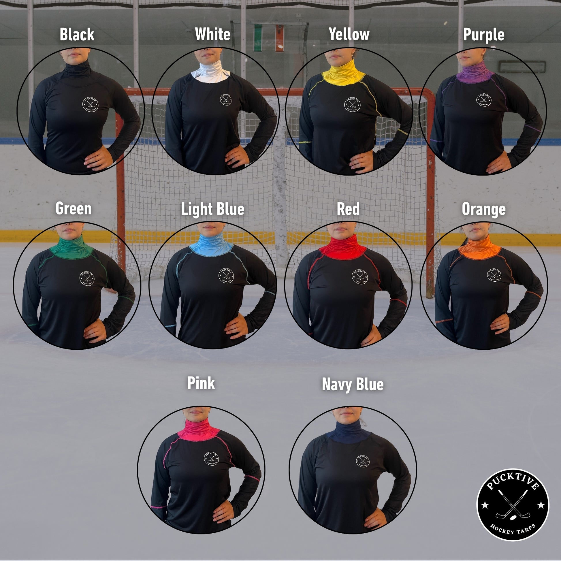 Display showing available neck guard color options for the Women’s Pro A7 hockey tarp.