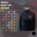 Pucktive Women’s Pro A7 hockey tarp sizing chart showing chest, arm, and torso fit measurements.